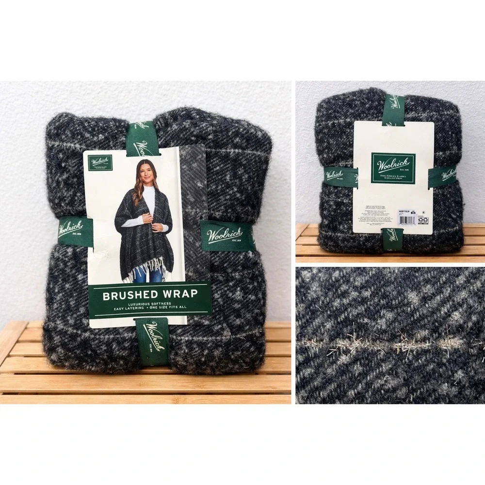 Woolrich Green Label Brushed Wrap Black Grey Plaid Shawl One Size NWT WR010725